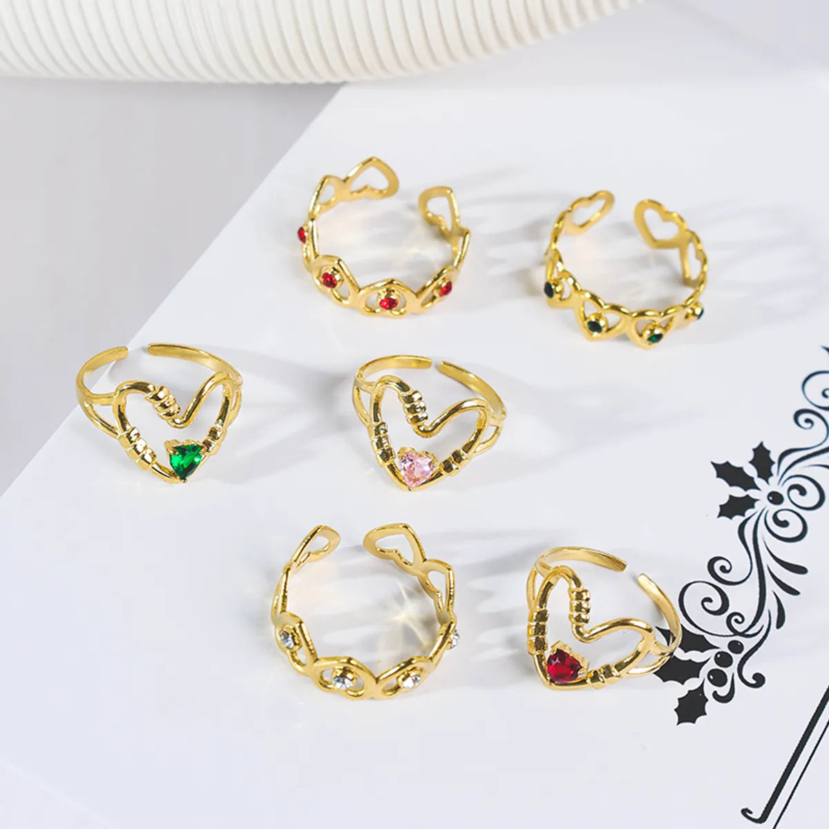 ladies rings for young women -Wholesale Jewelry Casual Korean Style IG Style Heart Shape 304 Stainless Steel Zircon 14K Gold Plated Plating Hollow Out Inlay Open Rings