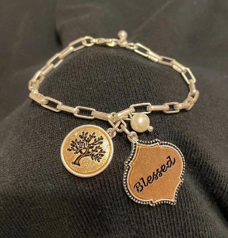 bracelets with diamond sparkle -Blessed, Tree of Life, Pearl Chain charm Bracelet