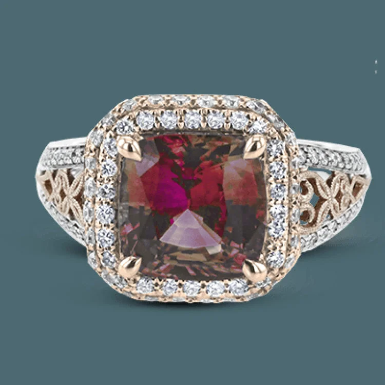 ladies rings white gold finish -This remarkable white and rose gold ring features an eye-catching 2.56 ctw cushion cut watermelon tourmaline supported by .48 ctw of round white diamonds and a delicate openwork design.