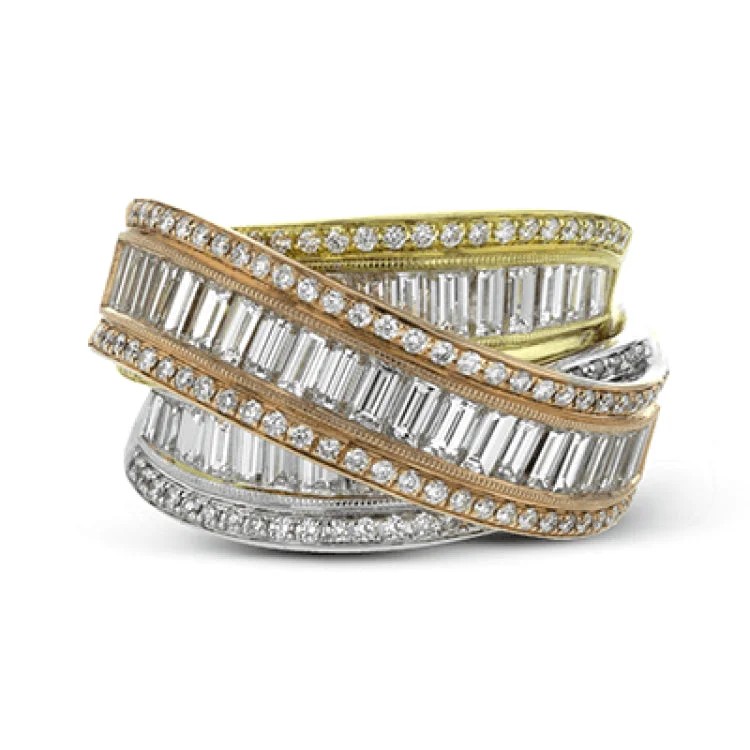 ladies rings bold statement piece -This exquisite ring is crafted in three tones of 18k gold and features an overlapping design set with .41 ctw of round diamonds and 2.32 ctw of baguette diamonds.