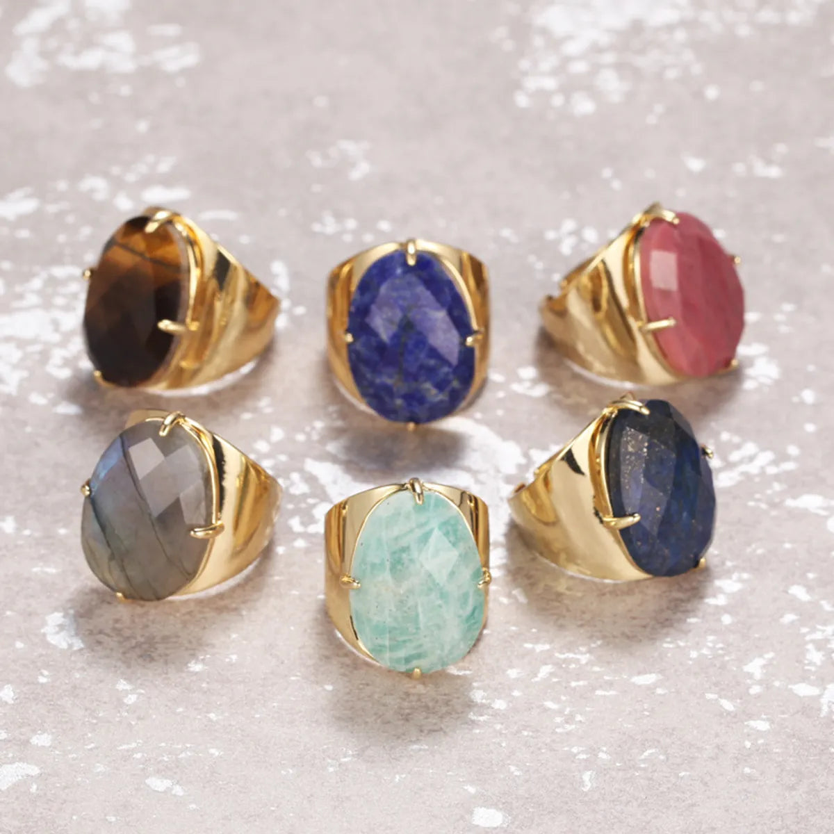 ladies rings with gold plating -Elegant Oval Natural Stone Copper Inlay Artificial Gemstones Open Ring