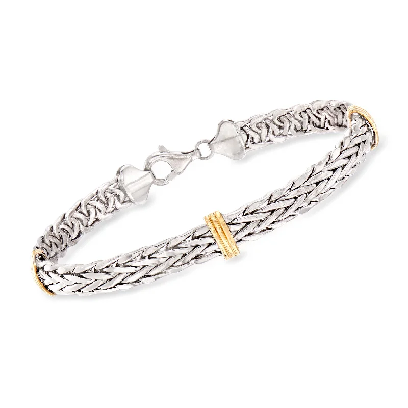 bracelets with heart pendant -Ross-Simons Sterling Silver and 14kt Yellow Gold Wheat Bracelet