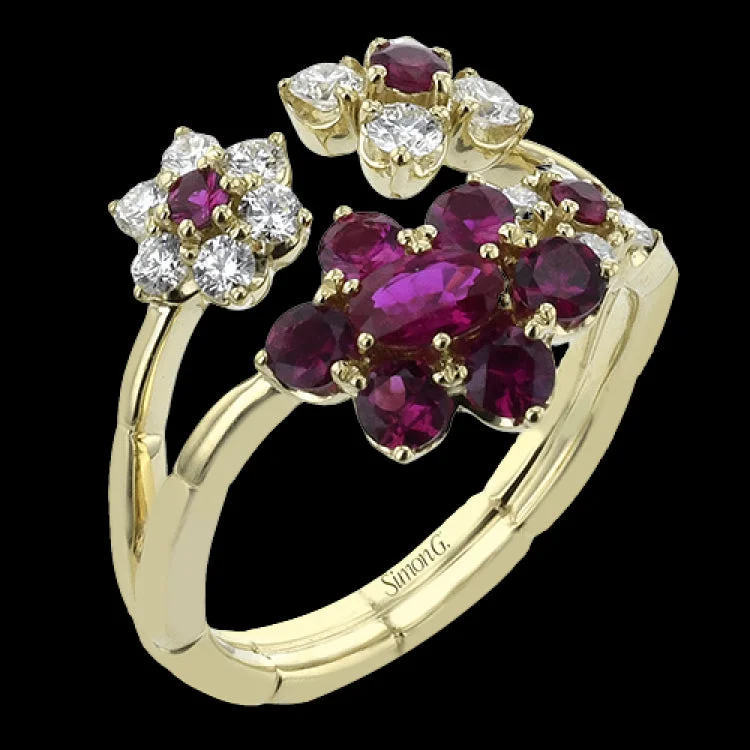 ladies rings dainty subtle charm -Inspired by the garden, this dainty right hand ring in 18K yellow gold is blooming with flowers of rubies 1.0 ctw. and diamonds 0.49 ctw.