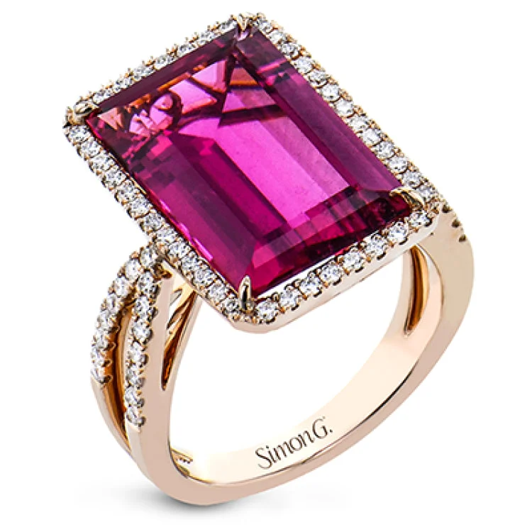 ladies rings sleek modern style -A modern marvel.  This 18k rose gold ring features 8.10ct rubelite surrounded by .58cttw diamonds.