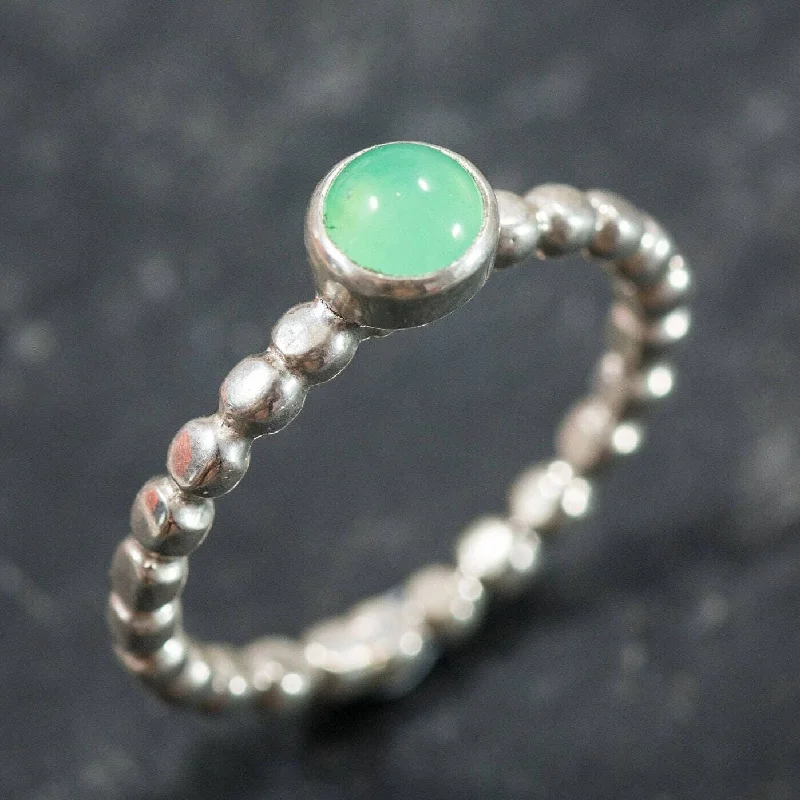 ladies rings with emerald green -Dainty Chrysoprase Ring - Green Solitaire Ring - Silver Bubble Band