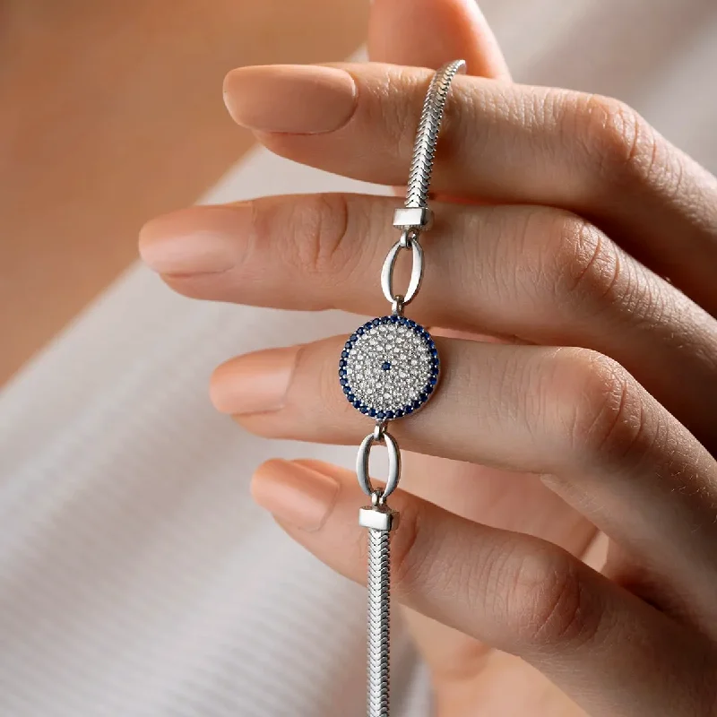 bracelets for bold fashion -925 Silver Herringbone Chain Bracelet with Evil Eye Charm