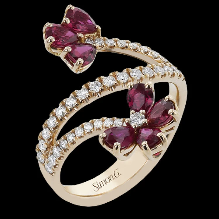 ladies rings with zircon shine -This right hand ring wraps the finger in 0.41 ctw. of diamonds set in 18K rose gold, and is adorned with petals of pear-shaped Rubies 1.52 ctw.