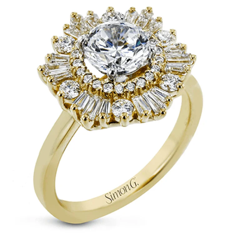 ladies rings hypoallergenic material -Crafted from 18k gold, this halo ring features a stunning .36 ctw of round diamonds and .49 ctw of baguette shaped diamonds.