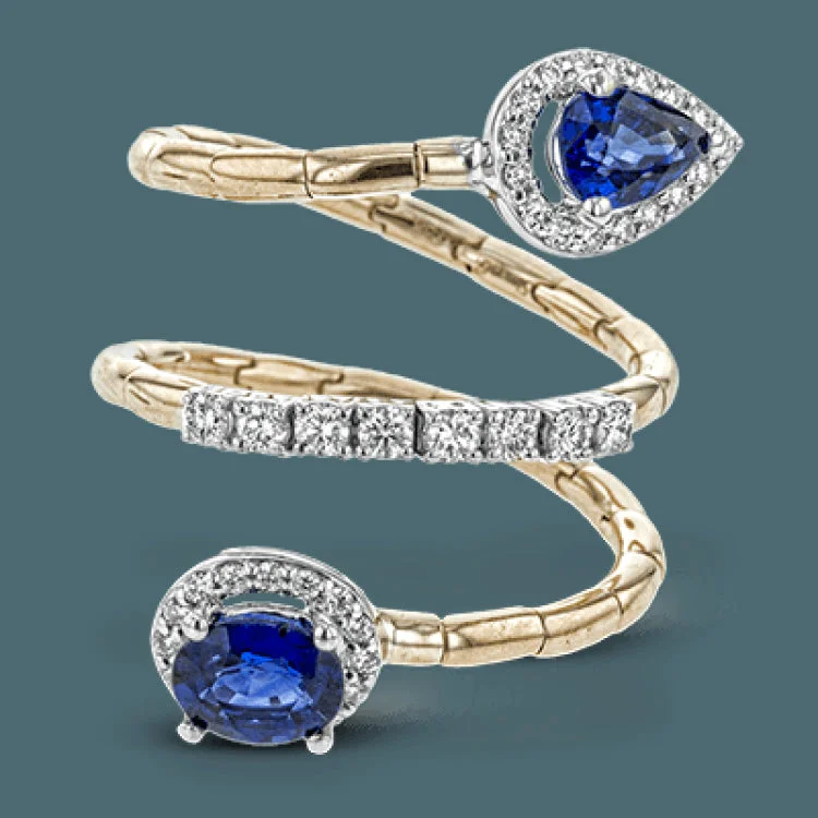 ladies rings for fashion lovers -1.40 ctw of sapphires sparkle at the ends of this comfortable, segmented rose gold coil, with .38 ctw of round white diamonds glimmering in white gold accents.