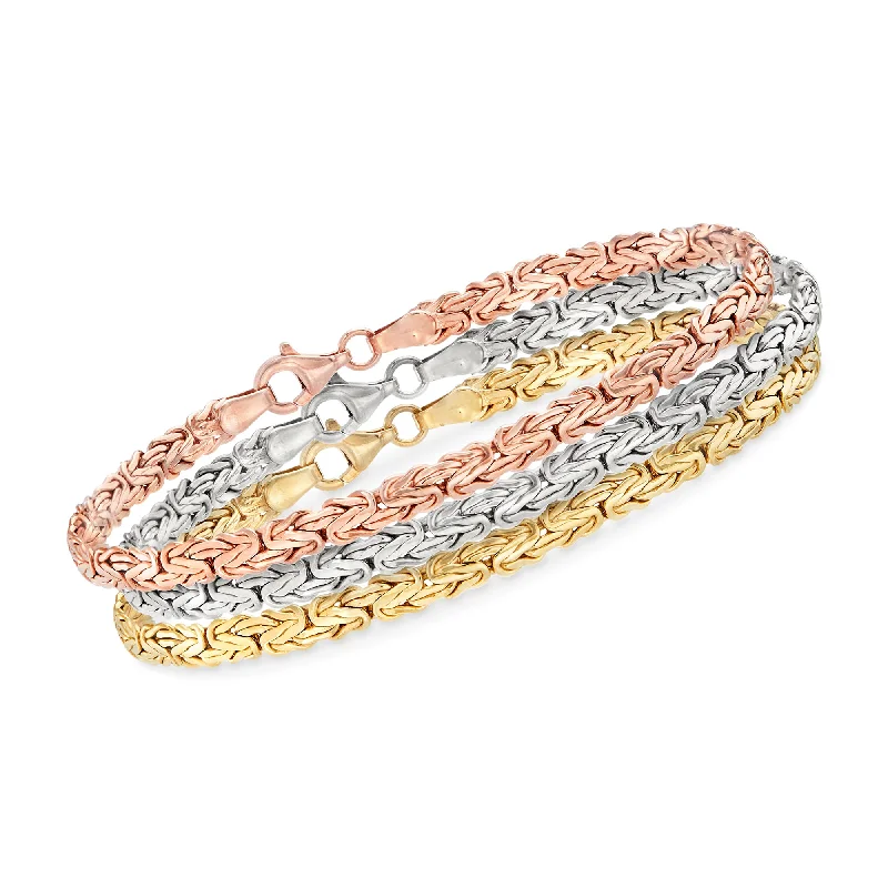 bracelets for gifting ideas -Ross-Simons 18kt Tri-Colored Gold Over Sterling Jewelry Set: 3 Flat Byzantine Bracelets