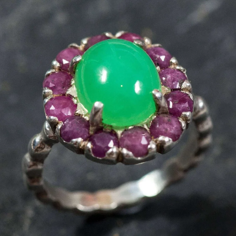 ladies rings hypoallergenic material -Chrysoprase Ring - Green Vintage Flower Ring - Large Victorian Ring