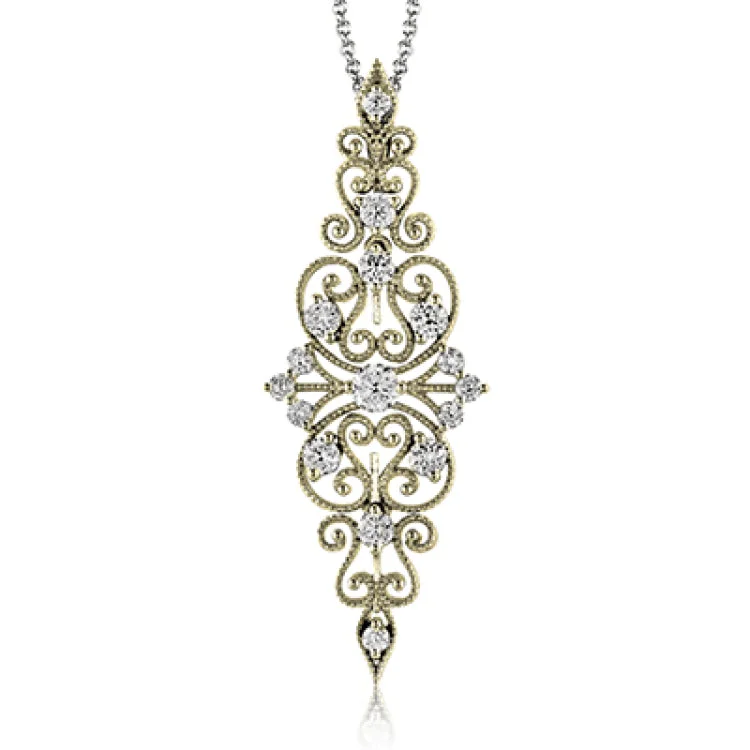 ladies rings with green peridot -The lacy filigree design of this vintage style white gold pendant is highlighted by .69 ctw of shimmering round cut white diamonds.