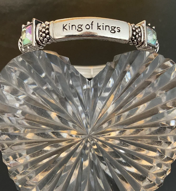 bracelets for office wear -King of Kings Revelation 19:16 stretch silver bracelet w/ iridescent stones