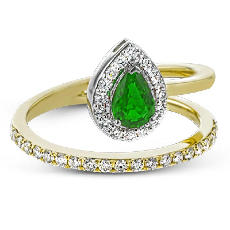 ladies rings with orange garnet -This 18k yellow gold spiral ring contains a beautiful .41 ct pear shaped emerald that is accented by .33 ctw of white diamonds.