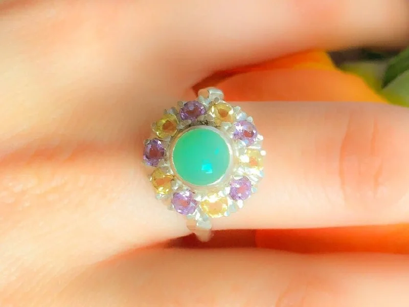 ladies rings with turquoise stone -Colorful Flower Ring - Chrysoprase Ring - Victorian Multistone Ring