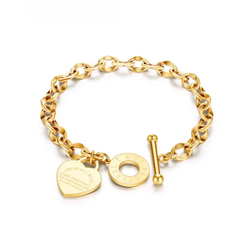 bracelets boho chic vibe -Spencer Stainless Steel Love Heart Charm Bracelet Link Chain Bangle Gift for Women Girl (Gold)