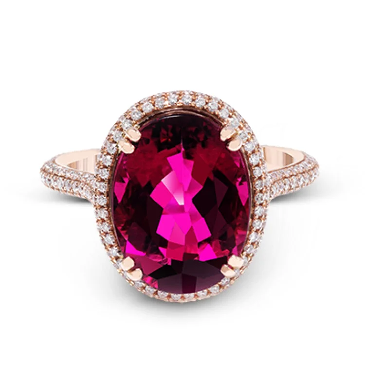 ladies rings sleek modern style -A beautiful 5.57 ct rubellite center stone is the centerpiece of this 18k rose gold ring, which is accented by .71 ctw of diamonds.