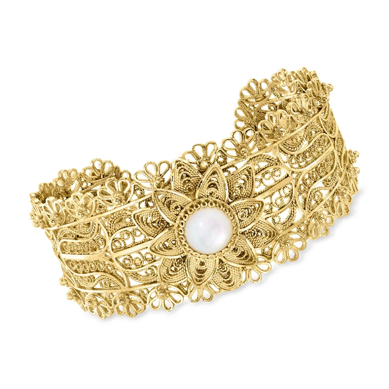 bracelets lightweight daily comfort -Ross-Simons Mother-Of-Pearl Floral Vintage-Style Cuff Bracelet in 18kt Gold Over Sterling. 7 inches