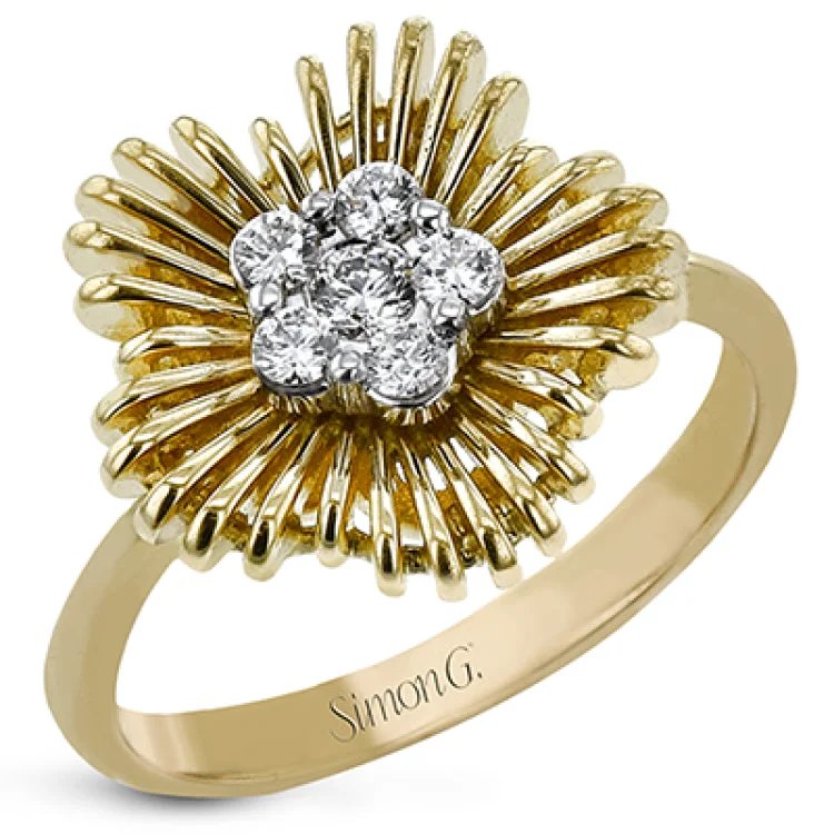 ladies rings geometric unique shape -This unique two tone ring features polished gold wires evoking a starbust design, and has a center cluster of diamonds 0.23 ctw.