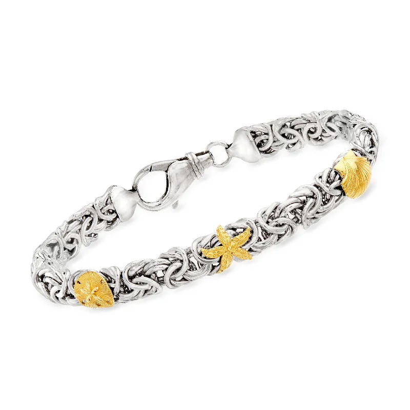 bracelets with aquamarine stone -Ross-Simons Sterling Silver Byzantine Sea Life Station Bracelet With 14kt Yellow Gold