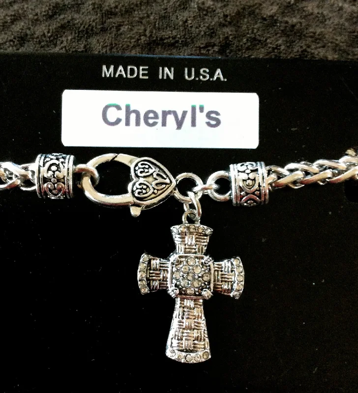 bracelets with crystal beads -Silver Cross Basket Weave Clasp Bracelet