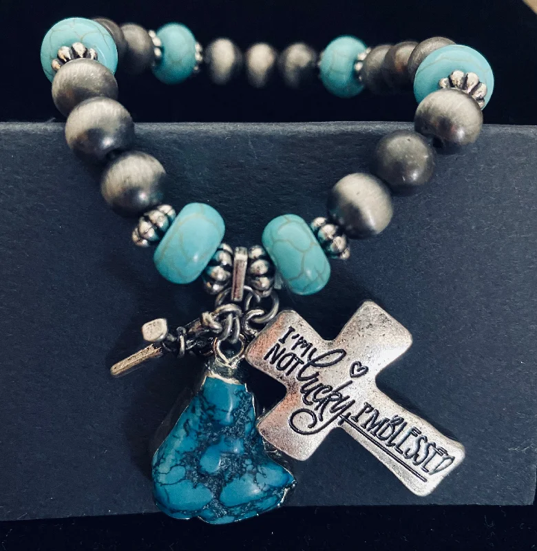 bracelets with rose quartz -I'm not lucky, I'M BLESSED grey and turquoise beaded charm bracelet