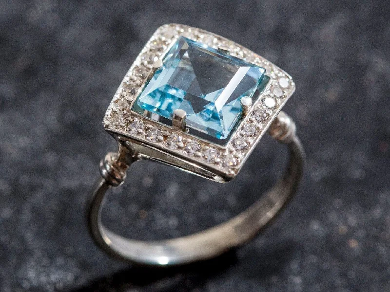 ladies rings for mother gift -Vintage Blue Topaz Ring - Blue Gemstone Square Ring - December Birthstone Ring