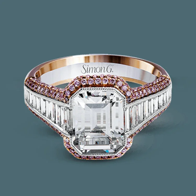 ladies rings for party glamour -This 18k white and rose gold ring has a clean, graduated design with .84 ctw of baguette diamonds leading up to the center stone. The edges are bordered by .49 ctw of pink diamonds set into rose gold.