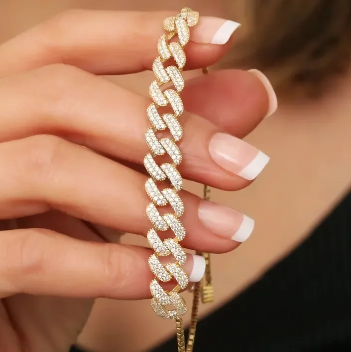 bracelets affordable luxury -Stone Studded Cuban Link 925 Silver Chain Bracelet