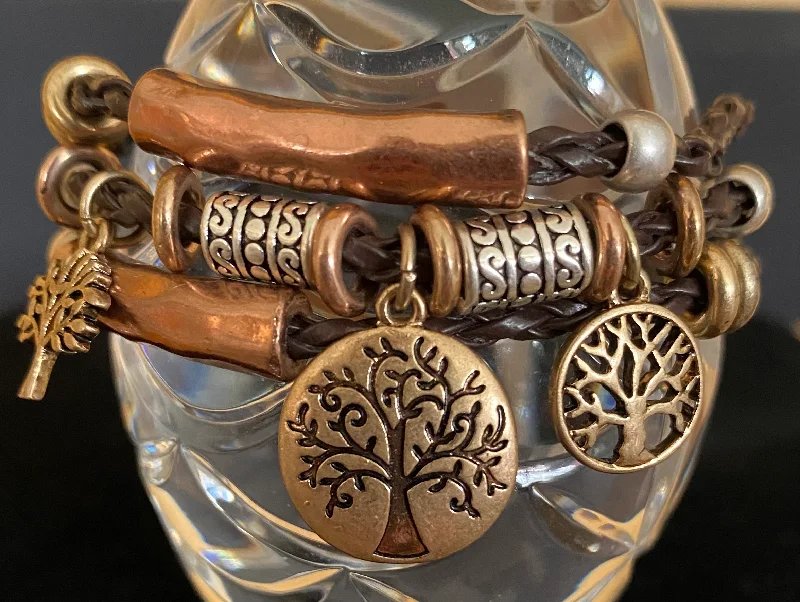 bracelets adjustable length fit -Brown tricolor three strand tree of life charm bracelet w/ magnet close