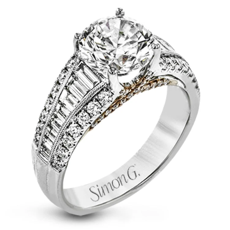 ladies rings chic modern design -This distinctive ring features a center row of .75 ctw of baguette diamonds outlined on either side by .43 ctw of round diamonds.