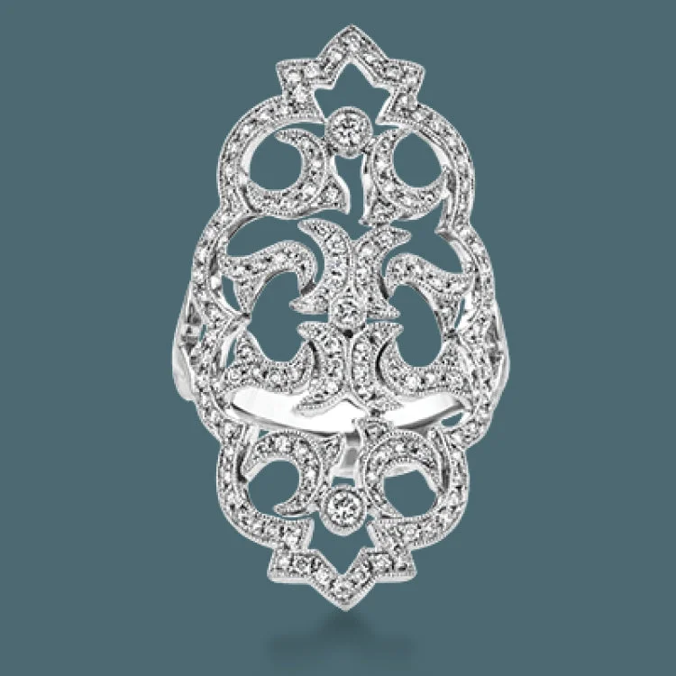 ladies rings silver minimalist style -This beautiful ring is fit for royalty with an intricate design containing .60 ctw of round white diamonds.