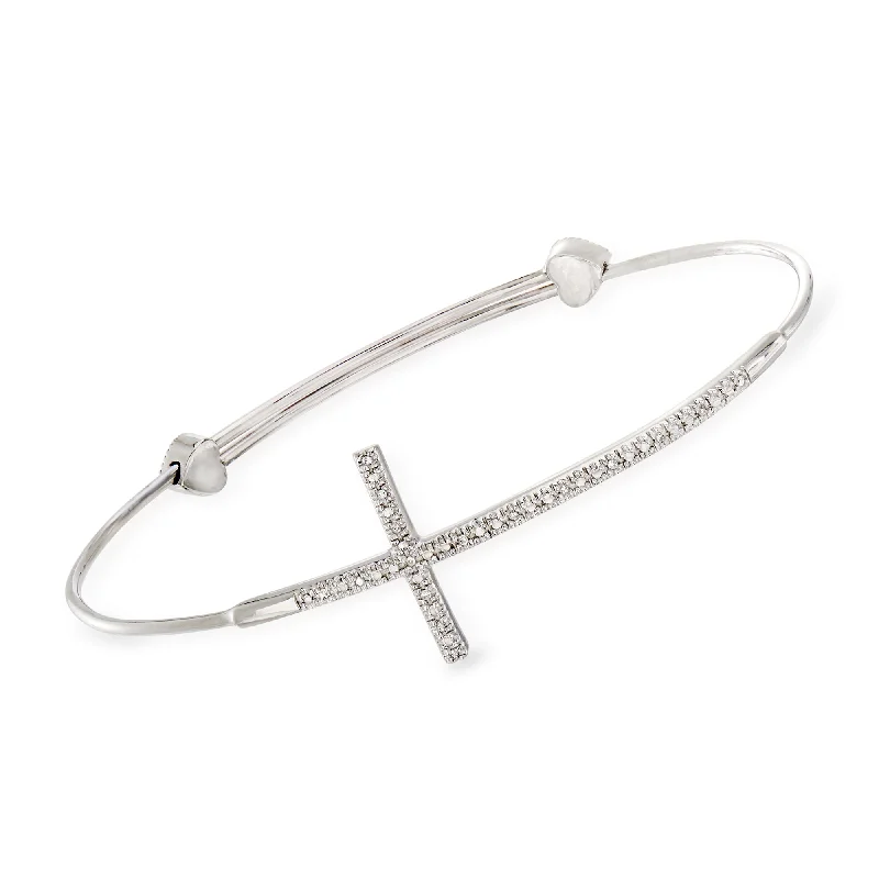 bracelets with cross charm -Ross-Simons Sterling Silver Sideways Cross Bangle Bracelet With Diamond Accents