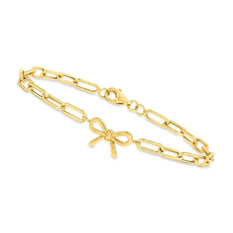 bracelets with zircon sparkle -Canaria 4mm 10kt Yellow Gold Paper Clip Link Bracelet With Bow Charm