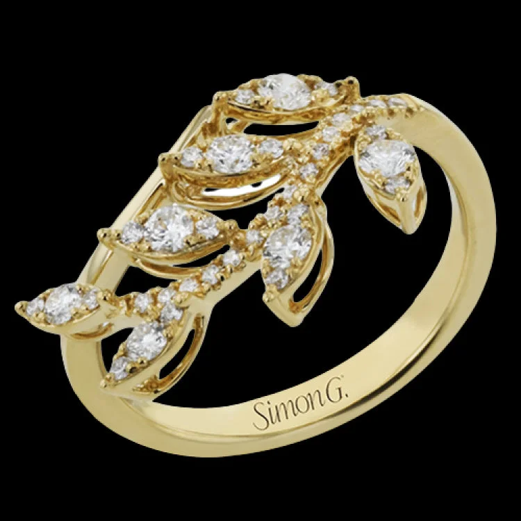 ladies rings with pearl accent -18K yellow gold fashion ring from our nature collection, in a leaf design is sprinkled with diamonds 0.45 ctw., representing morning dew.