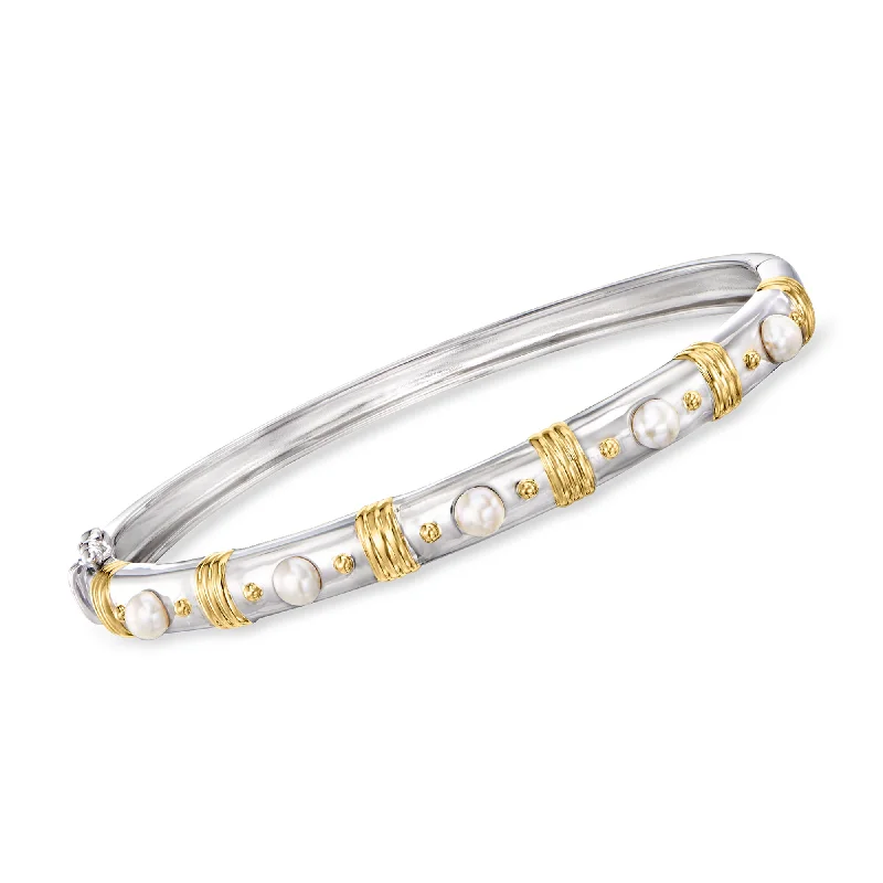 bracelets delicate thin design -Ross-Simons 3.5-4mm Cultured Pearl Bangle Bracelet in 2-Tone Sterling Silver