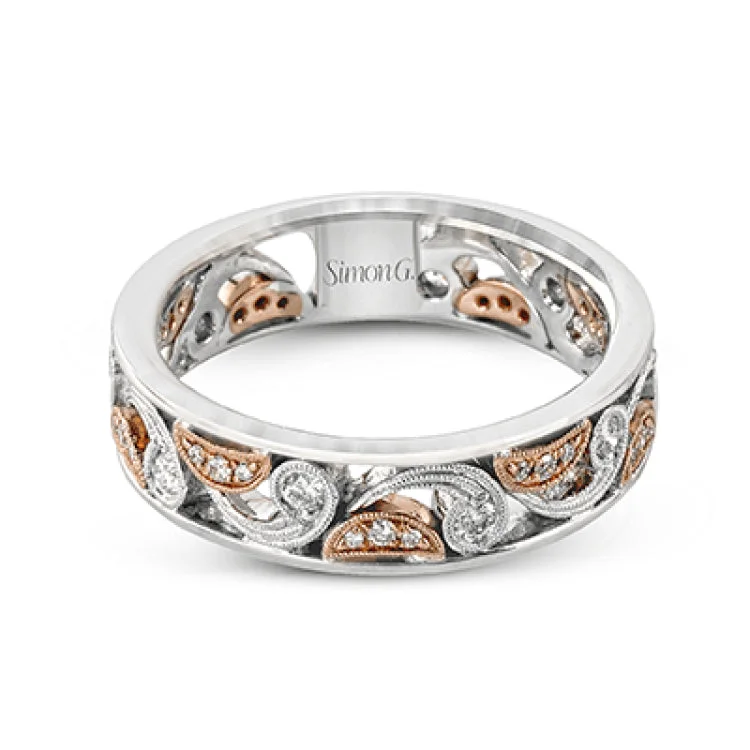 ladies rings with red ruby -Featuring a distinctive paisley design, this modern white and rose gold band is accentuated by .30 ctw round cut white diamonds.