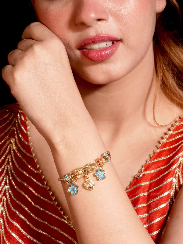 bracelets vintage inspired look -Fancy Gold-Plated Blue Flower and Heart Design Bracelet (Openable)