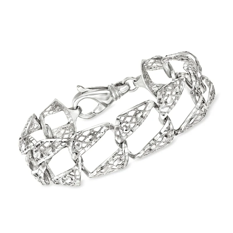 bracelets with moon charm -Ross-Simons Italian Sterling Silver Textured and Polished Openwork Square-Link Bracelet