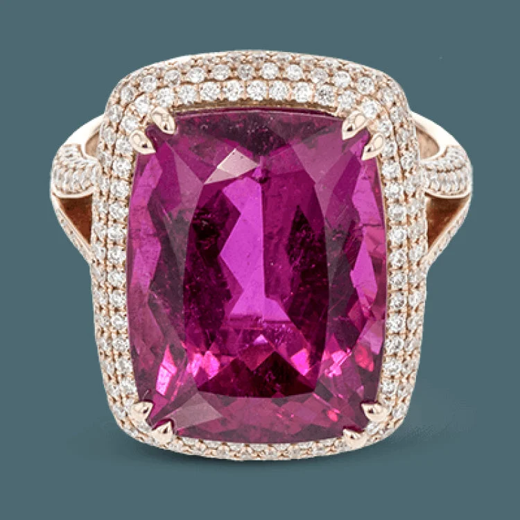 ladies rings for party glamour -This gorgeous 18k gold cocktail ring features 1.04 ctw of white diamonds and is set with a beautiful 11.71 ct center rubellite. This ring comes in several versions, each with its own unique center gemstone.