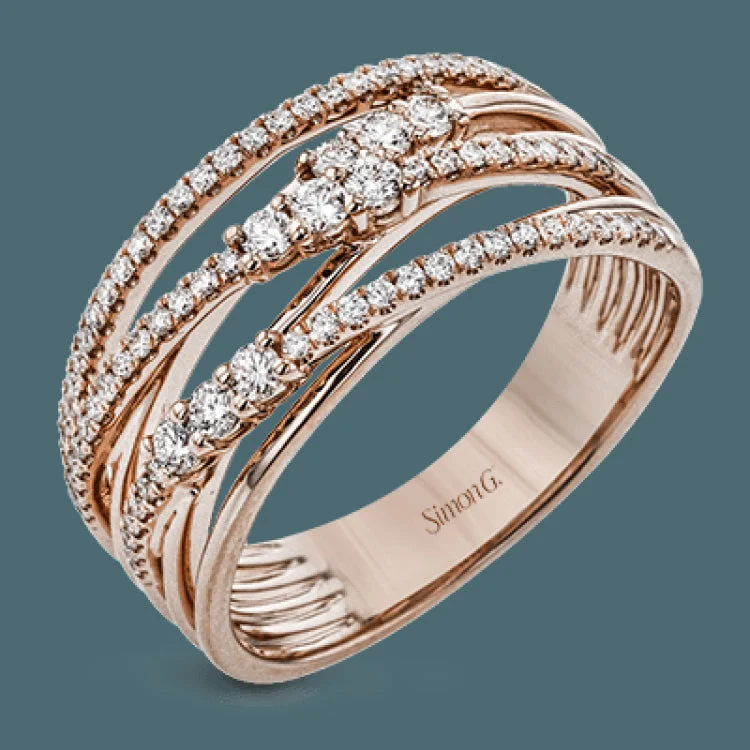 ladies rings lightweight comfort -The intertwined design of this modern white and rose gold ring is highlighted by .66 ctw of round cut white diamonds.