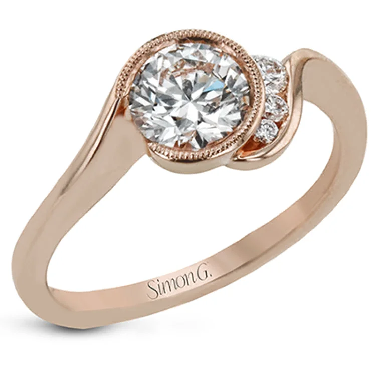 ladies rings boho inspired design -This distinctive, swirling ring design is set with .19 ctw and holds the center stone in a partial bezel setting.