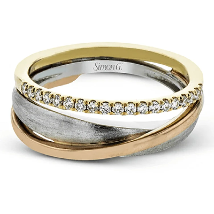 ladies rings silver minimalist style -.16 ctw of round white diamonds accentuate overlapping rings of three-tone gold to infuse this strikingly modern band with a touch of sparkle