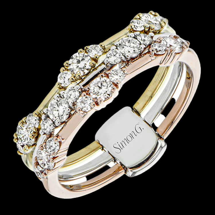 ladies rings for anniversary love -This three row ring gives the look of stacked bands but the comfort and security of one ring.  Created in 18k white, yellow and rose gold and featuring .65cttw diamonds, this ring pairs perfectly with any look.