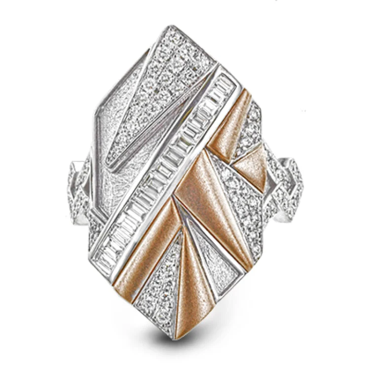 ladies rings hypoallergenic material -This bold ring features planes of 18k white and rose gold in architectural shapes, like folded geometry. It contains .56 ctw round diamonds and .49 ctw baguette shaped diamonds.