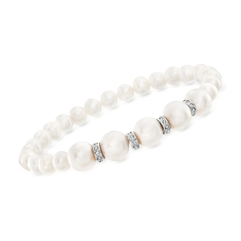 bracelets for birthday gift -Ross-Simons 6-8.5mm Cultured Pearl and . Diamond Stretch Bracelet in Sterling Silver