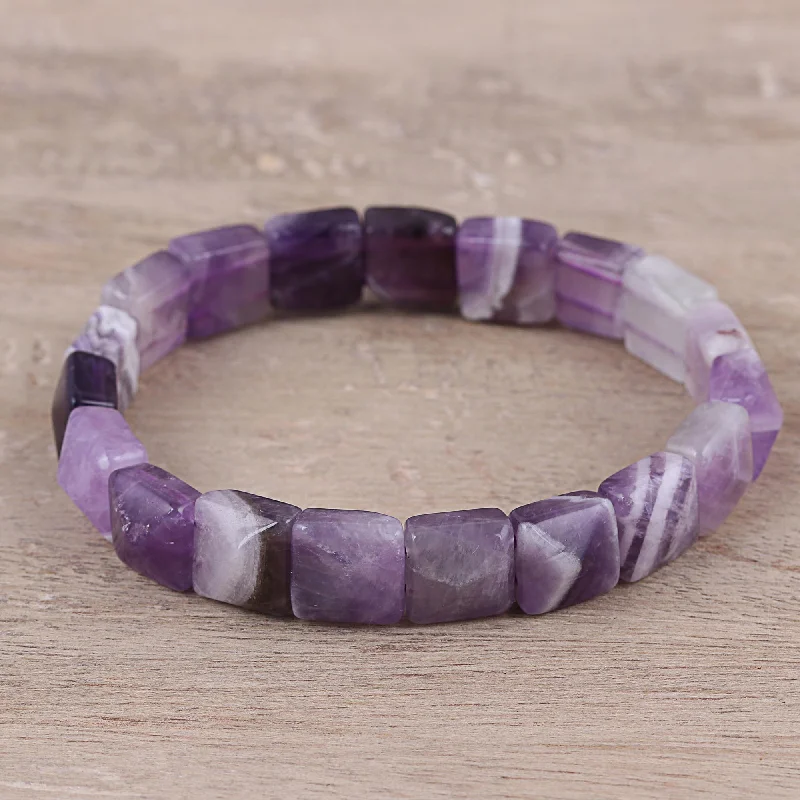 bracelets for evening wear -Divine Purple Handmade Purple and White Agate Beaded Stretch Bracelet